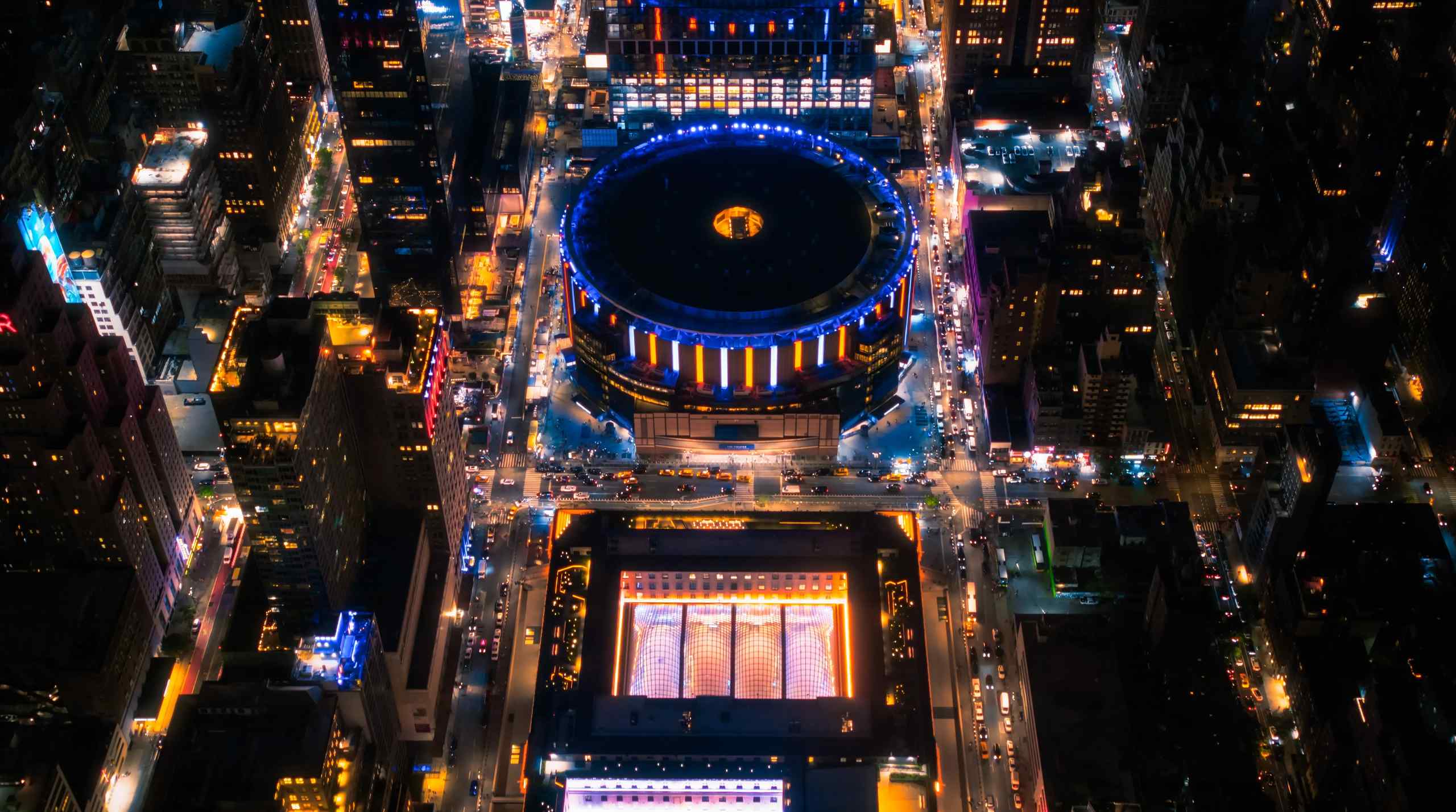 An arial view of Madison Square Garden in NYC at night.